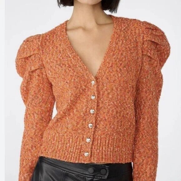 Karl Lagerfeld Paris Confetti Puff Shoulder‎ Wool Button Cardigan V-Neck Sweater - Picture 1 of 10